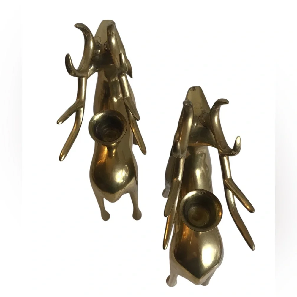 Pottery Barn Brass Reindeer Candle Holders 8” Vintage Christmas Taper Pair